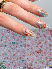 2片装 5D立体锦鲤美甲贴纸 锦鲤莲花美甲设计 DIY自粘闪亮亮片美甲装饰 带来好运 DIY美甲 - 彩色 - 查看 3