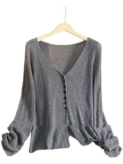 优雅V领针织开衫，休闲性感风格长袖披肩，适合春夏穿着