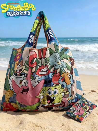 SpongeBob SquarePants 1pc Cute Cartoon Print Foldable Shopping Bag/Tote Bag, With A Small Storage Pouch With Pearl Chain To Hang On The Bag, Printed With Cartoon Characters Such As Squidward Tentacles, Sandy Cheeks, Eugene H. Krabs And Gary