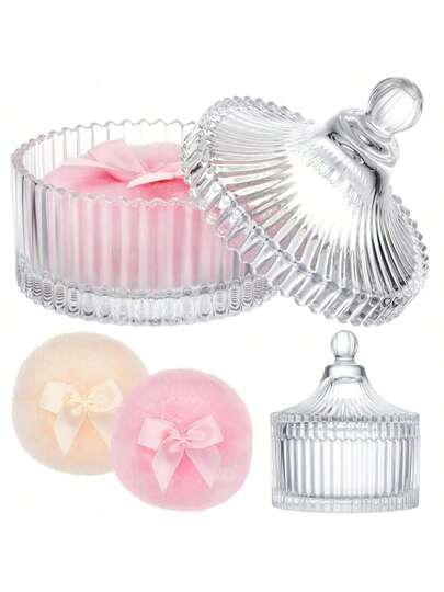1 Set Transparent Striped Glass Cosmetic Jars + Half Set Velvet Pink Makeup Brush Holder, Jewelry Box, Luxury Cosmetic Storage Box, Velvet Powder Puff Cover, Elegant Striped Decorative Jar, Vanity Cosmetic Jars, Jewelry Box, Storage Jar, Glass Container, Powder Container, Cosmetic Organization, Home Decor, Christmas Decoration