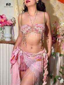 Glossmoon Pink Beads Festival Top Body Chain Chest Chain Body Chain Bikini Jewelry Beachwear Music Festival Nightclub Outfit - 粉紅色上衣 - 查看 4