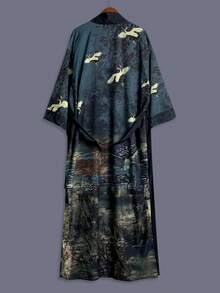 Áo khoác kimono dáng lửng in hình chim hạc và hoa kiểu Bohemian, trang phục ngoài thanh lịch, thoải mái, rộng rãi dành cho nữ, áo choàng nhẹ đi biển/du lịch, áo choàng tắm có thắt lưng, váy maxi. - màu đen - Xem 3