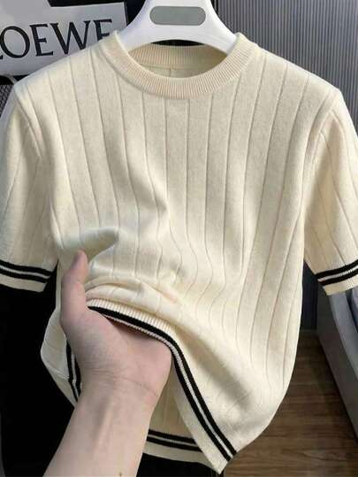 男士撞色条纹饰边竖条纹短袖针织衫，修身圆领轻薄针织T恤，夏季款