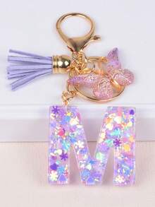 Cute Yarn Pom Pom Sequin Letter A-Z Resin Tassel Keychain, Wallet & Handbag Charm, Chain Backpack Pendant, Car Hanging Ornament, Girl Gift, School & Car Accessories, Gothic Y2K - Purple - View 18
