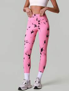 Women Wide Waistband Fashion Tie-Dye Print Fitness Yoga Leggings High-Waisted Tummy Control Running Sports Pants Athletic Training Active Tights - Hot Pink - View 7