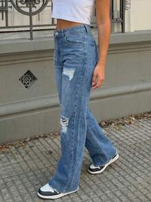 Women's Boyfriend Ripped Loose Straight Jeans - Medium Wash - View 5
