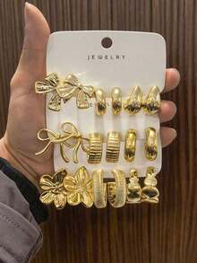 18pcs Gold-Tone Fashion Earrings Set, Stylish & Elegant, Suitable For Daily, Party, And Event Wear - Vàng - Xem 6