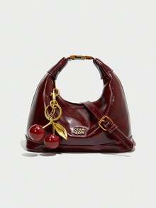 New Fashion Versatile Glossy Leather Lock Cherry Pendant Design Casual Crescent Adjustable Shoulder/Crossbody Handbag - Burgundy - View 5