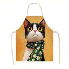 1 Stück Schwarz-Weiße Katze mit grünem Schal + Schürze, geeignet für Küche, Wohnzimmer, Esszimmer, Hotel, Outdoor-Grillen und andere Szenarien, hergestellt aus 100% Polyester, leicht, maschinenwaschbar - Verschiedenfarbig - Übersicht 11