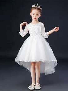 Girls White Half Sleeve High Low Tulle Princess Dress | Lace Appliques Flower Girl Dress For Wedding Pageant Party - trắng - Xem 5