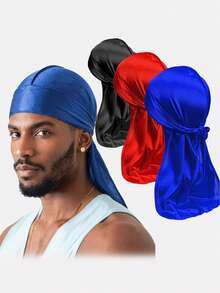 3pcs Men's Faux Silk Long Tail Fashion Bandana Hats, Pirate Headwrap Suitable For Daily Use - Multicolor - View 13