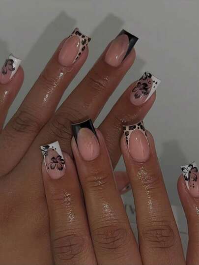 Upgrade Your Look,24Pcs Mid Square Full Coverage Glossy False Nails For Women,Black-And-White Leopard-Print French Floral Pattern Design Press On Nails,Minimalist, Romantic, Fashionable, And Cute Nail Art Style,Suitable For Spring And Summer Wear