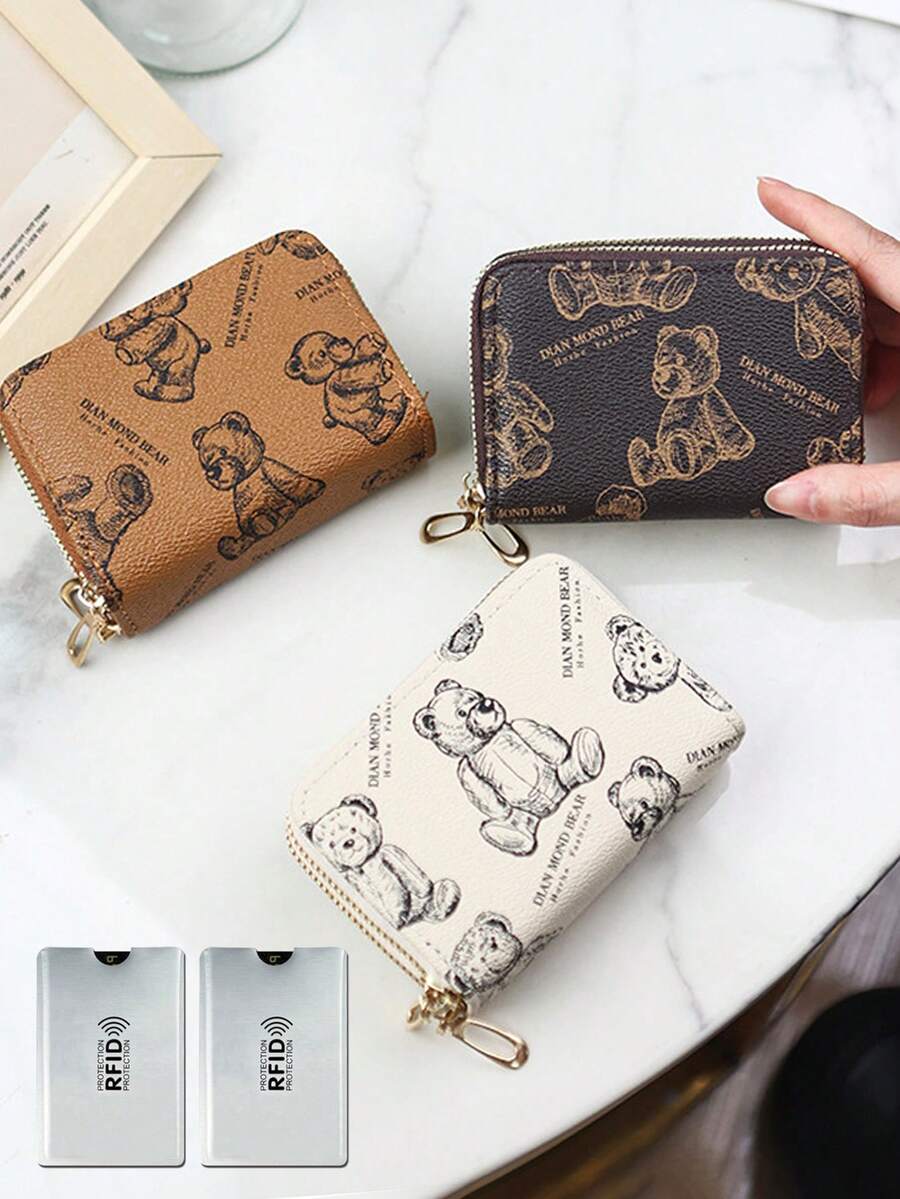 1pc Fashionable Mini Cartoon Bear Print Coin Purse, Retro Accordion Card Holder, Multi-Functional Multi-Card PU Leather Wallet, Small Zipper Clutch, Large Capacity Short Wallet, Suitable For Cash, Bank Cards, Coins, ID, Daily Use, School, Work, Perfect Gift For Family, Friends, Birthday, Mother's Day, Easter, Party, Wedding - Multicolor - View 1