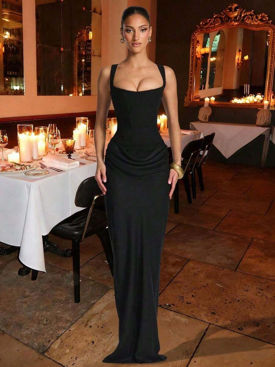 2026 Hot New Arrivals-Hml-Cornelia Women's Spaghetti Strap Bodycon Dress, Summer Draped Long Dress, Black Lace Tie-Back Elegant Birthday Party Cocktail Gown - 黑色 - 查看 1