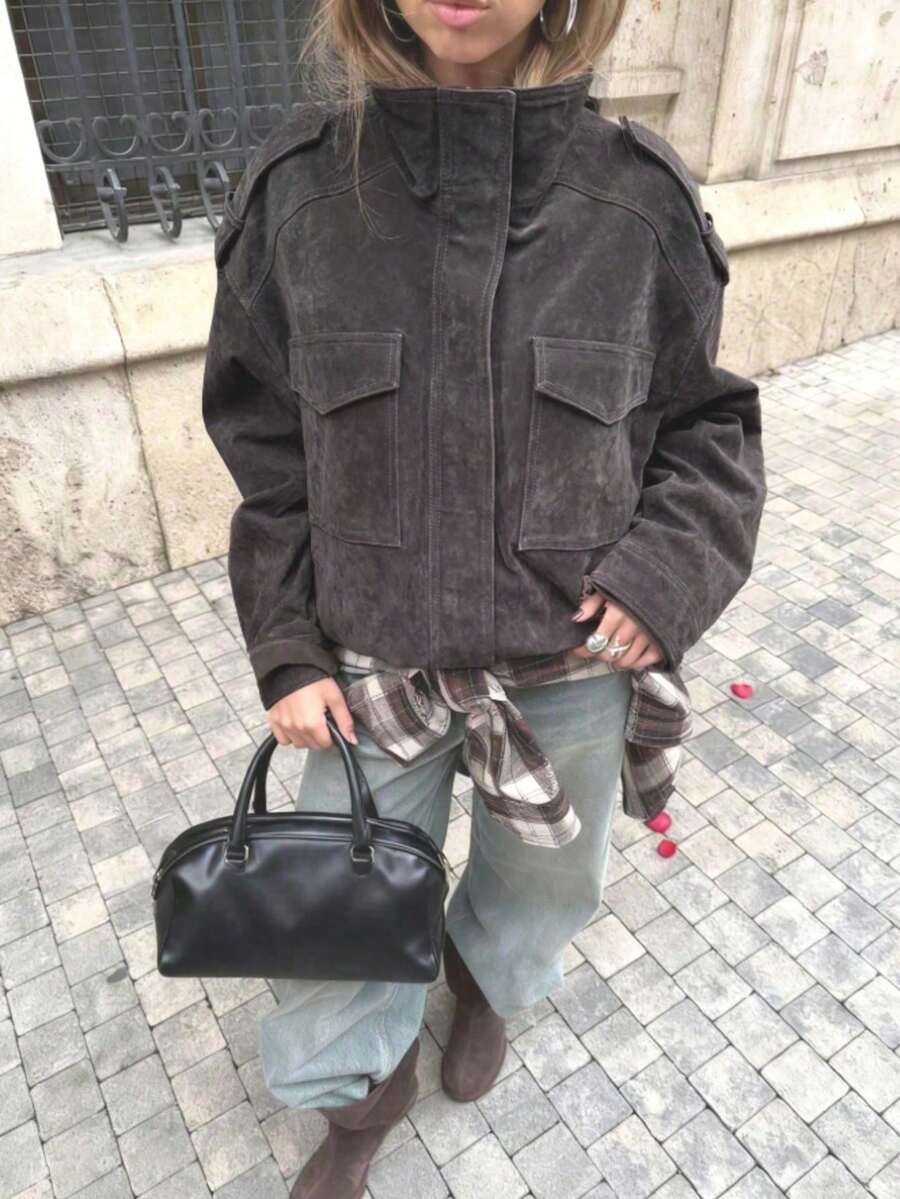 DEEKA Spring & Autumn New Women's Fashion European And American Style Suede Leather Casual Jacket - Chestnut 1 - View 1