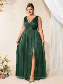 Plus Size Women's V-Neck Sleeveless Chiffon A-Line Bridesmaid Dress, Elegant High Slit Thigh-High Green Formal Evening Gown, Suitable For Wedding Guests, Cocktail Parties, Bridesmaids, Graduation Ceremonies, Galas Party - Dark Green - View 8