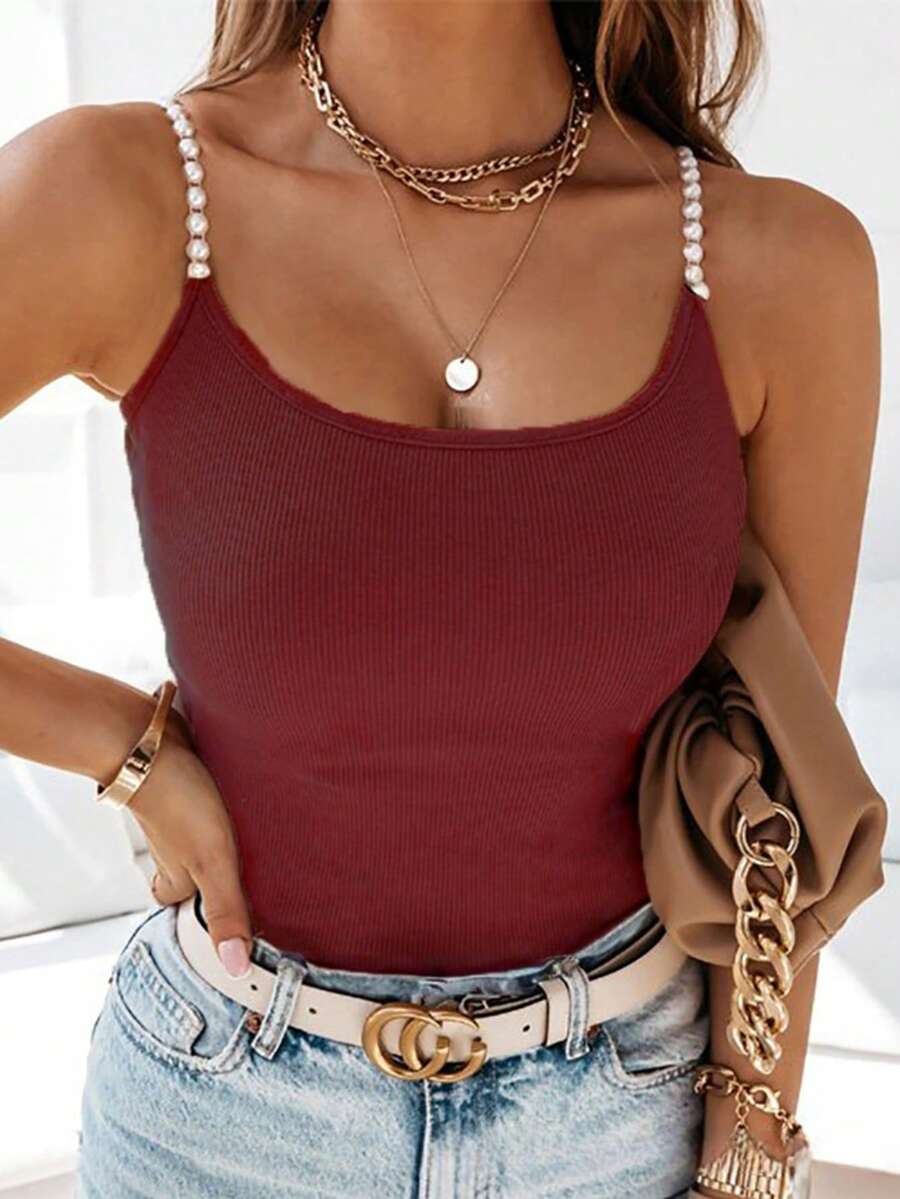 Women's Fashion Beaded Spaghetti Strap Solid Ribbed Tank Top Casual Summer - Burgundy - View 1