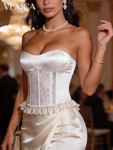 Vexica 女士性感优雅白色法式蕾丝缎面抹胸露背吊带背心，浪漫新娘送礼会及婚礼宾客春夏度假装扮 - 白色 - 查看 5