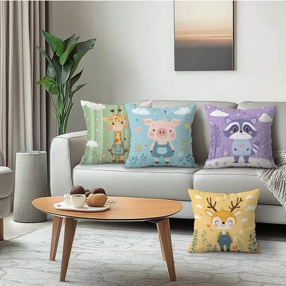 4件套可爱卡通动物图案抱枕套，单面印花装饰枕套，适用于客厅、沙发、卧室，不含枕芯