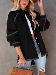 Frayed Hem Fashionable Loose Fit Pink Denim Jacket Vacation Casual Spring Black - Black - View 5