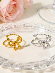 1枚时尚蝴蝶结开口戒指，简约百搭奢华独特设计，女士专属 - 均碼 - 查看 1