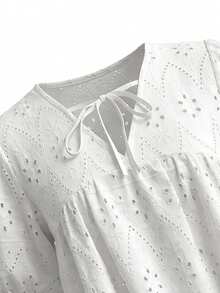 V-Neck Hollow White Shirt Dress, Loose Design Unique Lace Blouse, Mid-Length For Summer - White - View 11