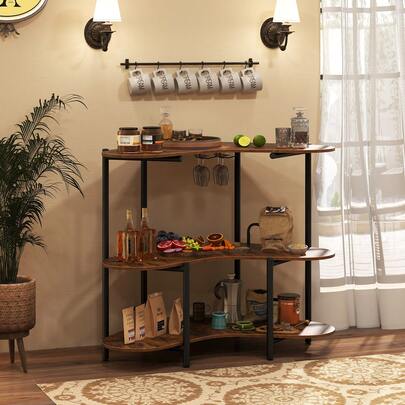  COSTWAY 3-Tier Home Bar Unit, Liquor Bar Table With Stemware Racks & Storage Shelves, Industrial Mini Bar With Metal Frame, Corner Wine Bar Cabinet For Home, Kitchen, Pub, Bistro, Rustic Brown