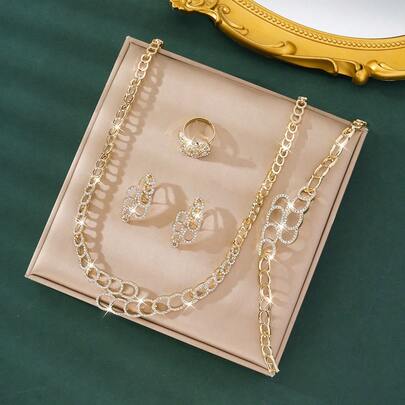 5件套极简镂空宝石水滴形首饰套装，包括项链、手链、戒指和耳环，时尚配饰，适合婚礼、派对和节日佩戴。