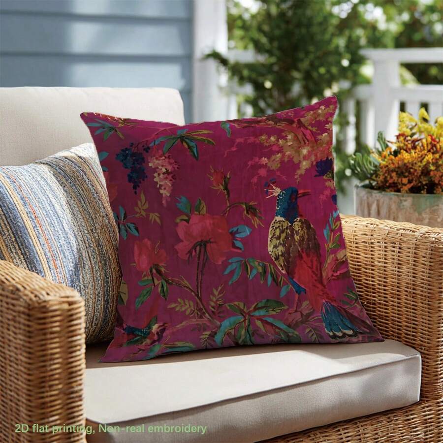 1pc Burgundy Hummingbird & Floral Print Pillow Cover [No Pillow Insert], 17.7*17.7in(45*45cm), [Single-Sided Printing], Made Of Polyester, Vintage European Style Cushion Cover For Sofa, Bed, Living Room, Bedroom, Car, Office, Hotel Decoration, Suitable For All Seasons, Perfect Gift For Family And Friends - Multicolor - View 1