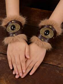 1 Pair Medieval Fantasy Arm Cuffs - Brown Faux Fur Trimmed PU Leather Bracers With Oval Gemstone, Perfect For Renaissance Faire, Halloween & Elf Cosplay - 1 Pair - View 6