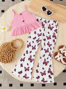 Young Girl Solid Color Ruffle Camisole Top And Butterfly Print Flare Pants Casual Outfit - Baby Pink - View 2