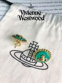 Vivienne Westwood Khuyên tai đính đá Malachite hình tròn hiệu Neyla Collection, mạ vàng và đồng thau. - Vàng - Xem 8