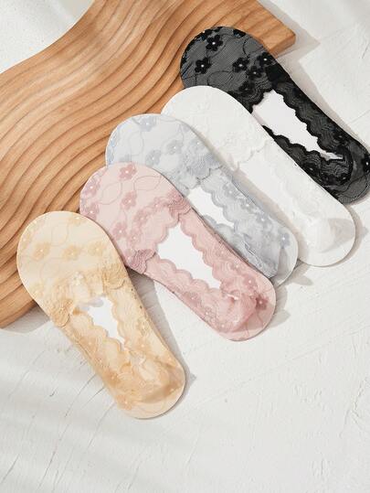 1/5 pares de calcetines invisibles de encaje para mujer, calcetines cortos de boca poco profunda, antideslizantes y transpirables, adecuados para el verano