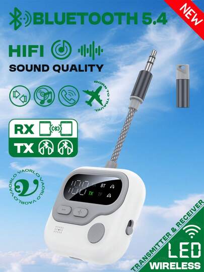 جهاز إرسال واستقبال بلوتوث 5.4 متعدد النقاط من VAORLO، مع مقبس AUX 3.5 مم وقارئ بطاقة TF لتشغيل موسيقى ستيريو عالية الجودة لاسلكيًا، مع ميكروفون وشاشة LED، مناسب للتلفزيون والكمبيوتر والسماعات والسيارة والطائرة