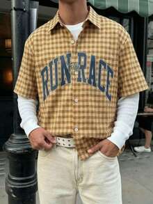 Men's Slim Fit Plaid Shirt, Khaki & Orange Letter Print Shirt, Retro Streetwear Style Top, Fashionable Loose Fit For Summer - Multicolor - View 2