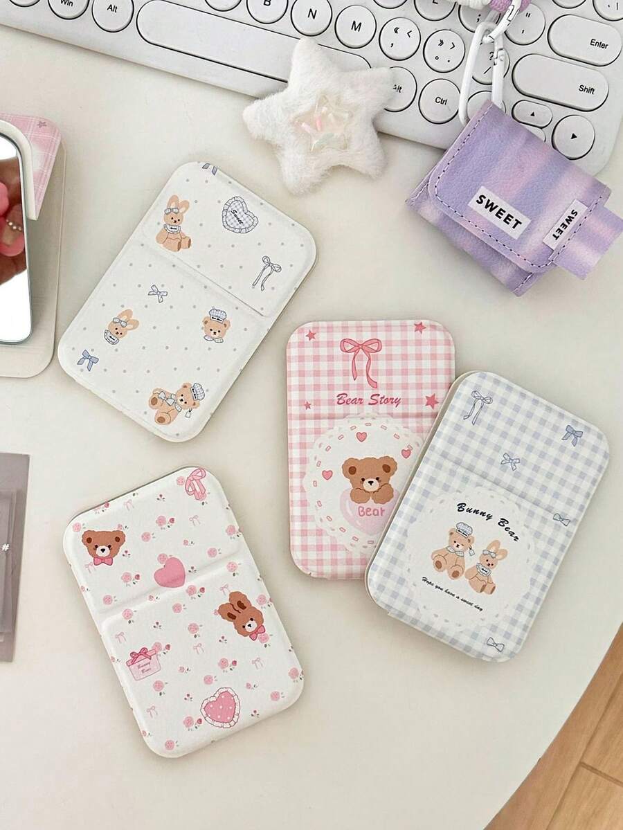 1/2pcs Cute Pink Bow Teddy Bear Folding Makeup Mirror, Adjustable Height Desktop Mirror, Portable Travel Pocket Mirror, Mini Handheld Mirror, Multiple Patterns Available, Birthday/Holiday Gift For Her - Multicolor - View 1