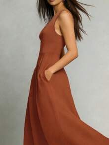 Solid Color Sleeveless Dress, Vintage Flared Long Dress, Versatile For Work And Vacation Summer Elegant - Brown - View 4
