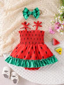 1pc Newborn Baby Cute Colorblock Polka Dot Suspender Ruffle Dress, Bohemian Vacation Style - Red - View 1
