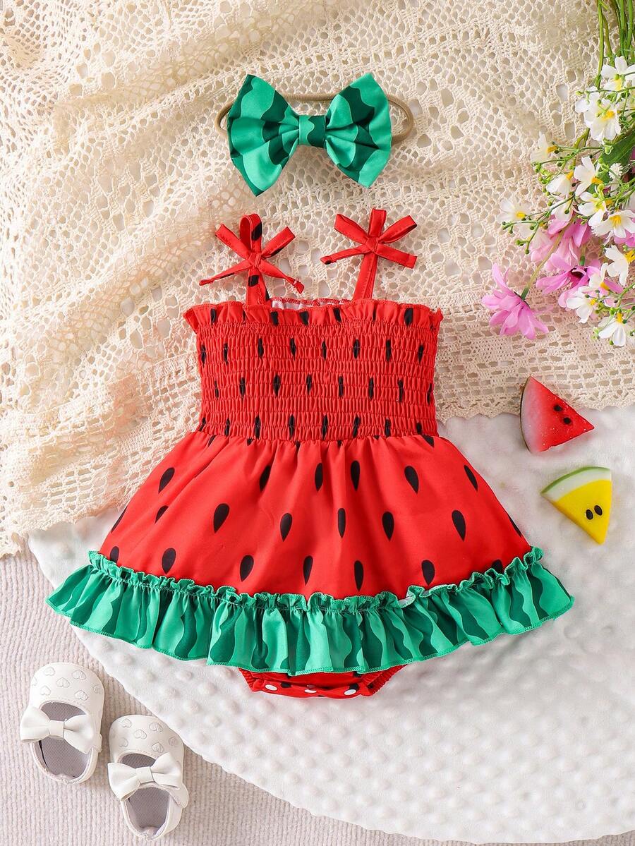 1pc Newborn Baby Cute Colorblock Polka Dot Suspender Ruffle Dress, Bohemian Vacation Style - Red - View 1