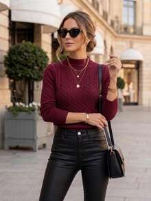 Women's Basic Modal Blouse With High Neck, Textured Knit Fabric, Winter Style, Delicate, Julook Knit, Cable Stitch, Daily Wear - Burgundy - View 4