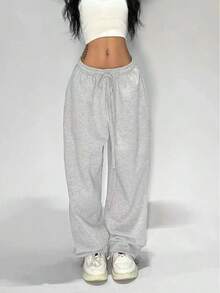1PC Y2k American Hip-Hop Retro Casual Pants Jazz Street Dance Sports Sweatpants Loose  Street Wide-Leg Long Pants - 白灰 - 查看 2