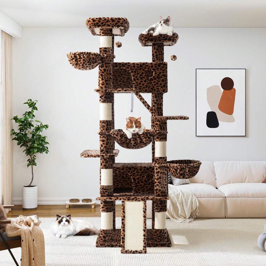 Allewie 81 Inches Tall Cat Tree, Multi-Level Large Climbing Tree House And Towers For Big Feline, Condo And Hammock, Scratching Post, Wide Base, Leopard Print - Estampado de leopardo - Ver 1