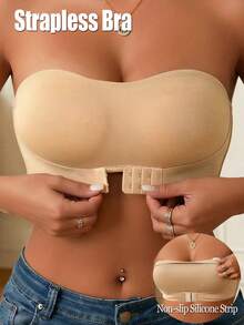 2件套女士无肩带夏季文胸，抹胸式文胸，前扣式无钢圈文胸，露背文胸，可拆卸胸垫，舒适性感时尚内衣 - 彩色 - 查看 4