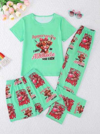 3pcs/Set 2026 New Girls Casual Plaid Bow Graphic Print Round Neck Short Sleeve Sweatshirt And Shorts & Pants Sleepwear Set, Flame Retardant, All Season