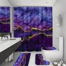 四件套金色镶边大理石纹浴室帘套装，包含浴帘、浴室地垫（包括浴垫、U型地垫和马桶盖垫）和12个挂钩 - 紫色 - A - 查看 3