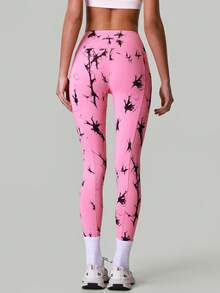 Women Wide Waistband Fashion Tie-Dye Print Fitness Yoga Leggings High-Waisted Tummy Control Running Sports Pants Athletic Training Active Tights - Hot Pink - View 11