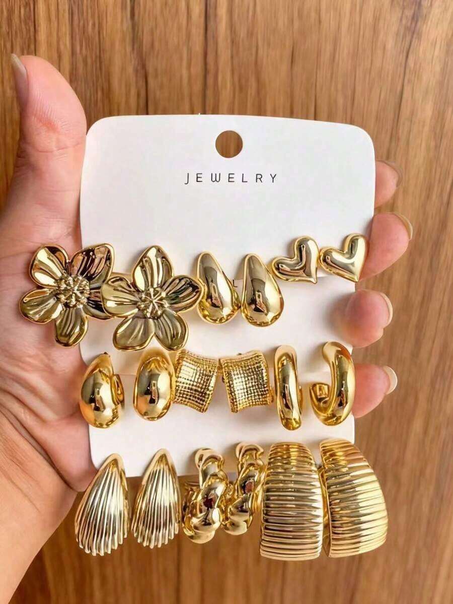 18pcs Gold-Tone Fashion Earrings Set, Stylish & Elegant, Suitable For Daily, Party, And Event Wear - Vàng - Xem 1