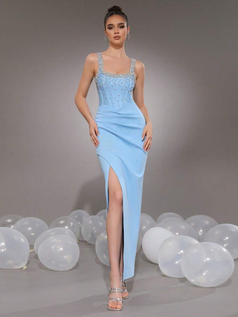 Modphy Sexy ärmelloses, stark verziertes Strass-Plissee-Maxikleid mit Schlitz, trägerlos, elegantes Damen-Party- und formelles Abendkleid - Babyblau - Übersicht 1
