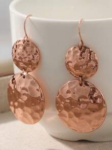 1 Pair Retro Fashionable Copper Hoop Earrings With Round Pendant, Suitable For Daily Wear And Vacation, A Perfect Gift For Her - Rose Gold - View 4