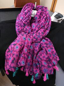 1条波西米亚简约印花围巾，时尚女士披肩，新款户外度假防晒沙滩巾，亚麻质感复古流苏围巾 - 彩色 - 查看 6